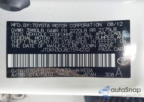 2012 Toyota Prius Three z USA, uszkodzony, nr VIN JTDKN3DU8C1594232